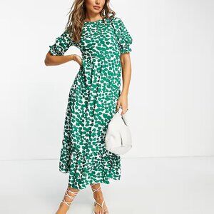 River Island Animal Print Midi Dress with Tie Back Detail 10 Green Preppy Resort